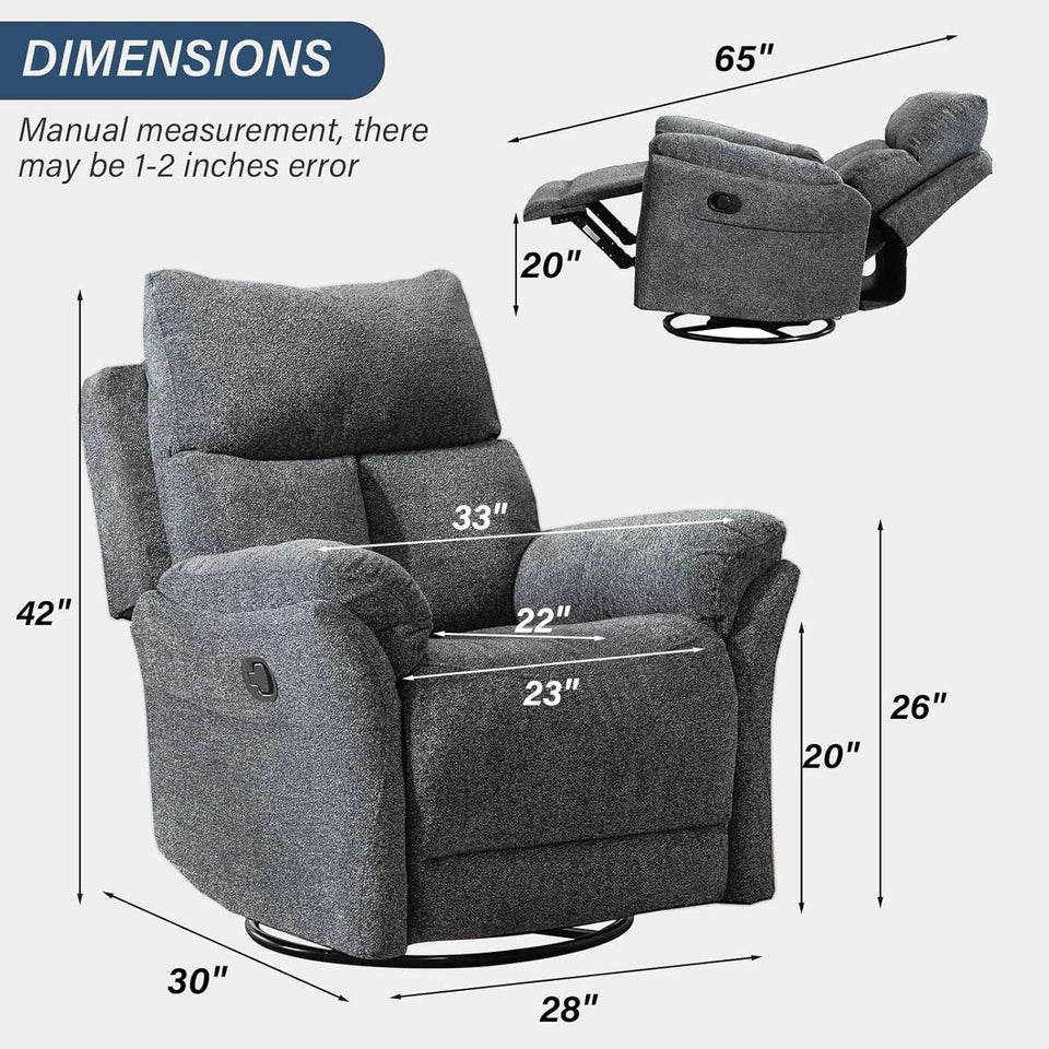 Swivel Rocker Recliner Chair Gray Fabric For Small Spaces