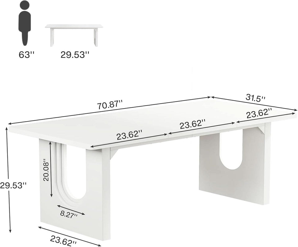 Modern White Dining Table 71 Inch With Wood Pedestal Base