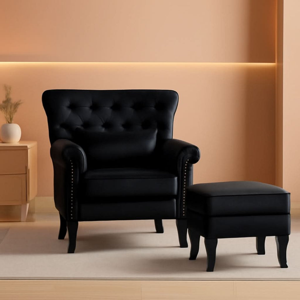 Elegant Black Velvet Wingback Chair With Ottoman Set
