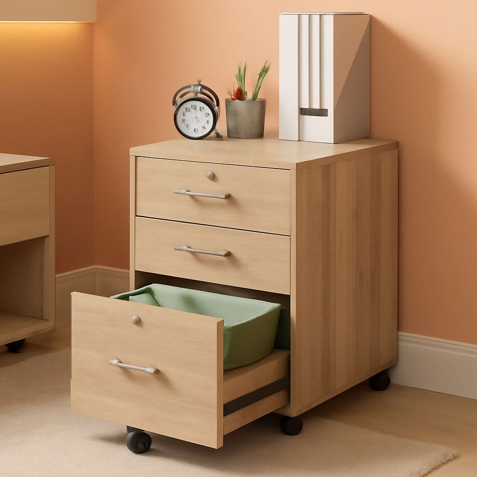 Oak 26 Inch High 3 Drawer File Cabinet With Lock For Letter Size Files And Mobile Under Desk