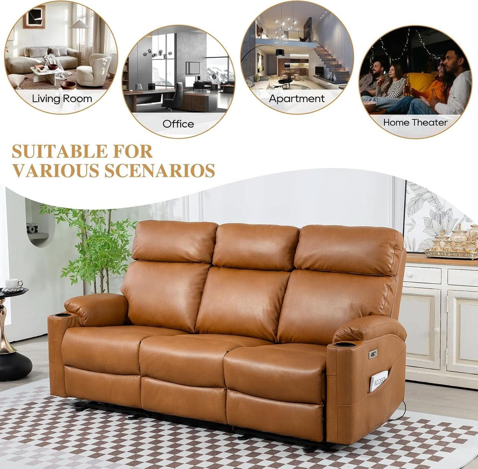 Power Reclining Sofa Brown PU Leather Independent Backrests