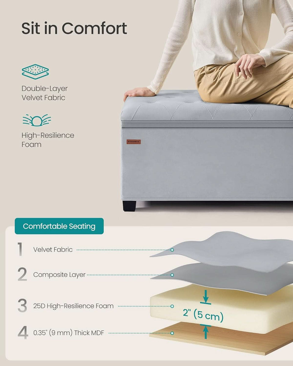 Dove Gray Velvet Storage Ottoman Bench 43 Inches Length