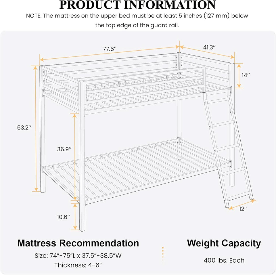 Twin Over Twin Metal Bunk Bed Black Guardrail And Ladder