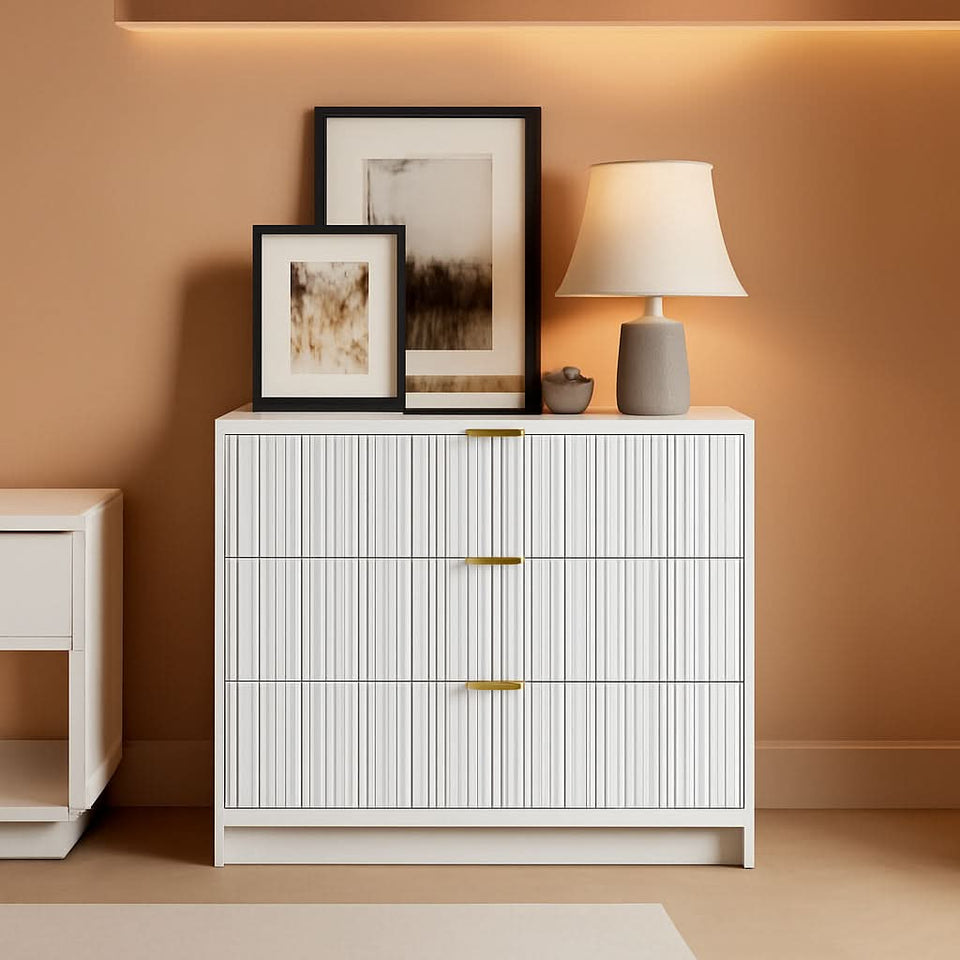 White Contemporary Dresser With Three Drawers And Fluted Panels