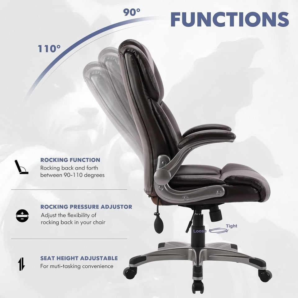 Two Brown Leather Executive Office Chairs Set With Adjustable Rolling