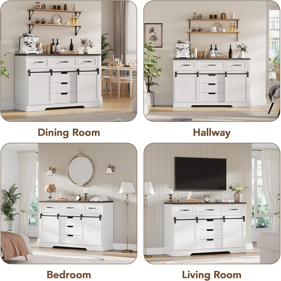 GAOMON Farmhouse 6 Drawers Dresser for Bedroom with Sliding Barn Doors, Wood Dressers & Chest of Drawers, Rustic Dressers TV Stand, Dresser Organizer for Bedroom, Living Room, White