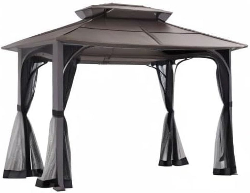 10x12 Brown Hardtop Gazebo With Steel Frame And Netting For Outdoor Patio Garden Canopy Shelter