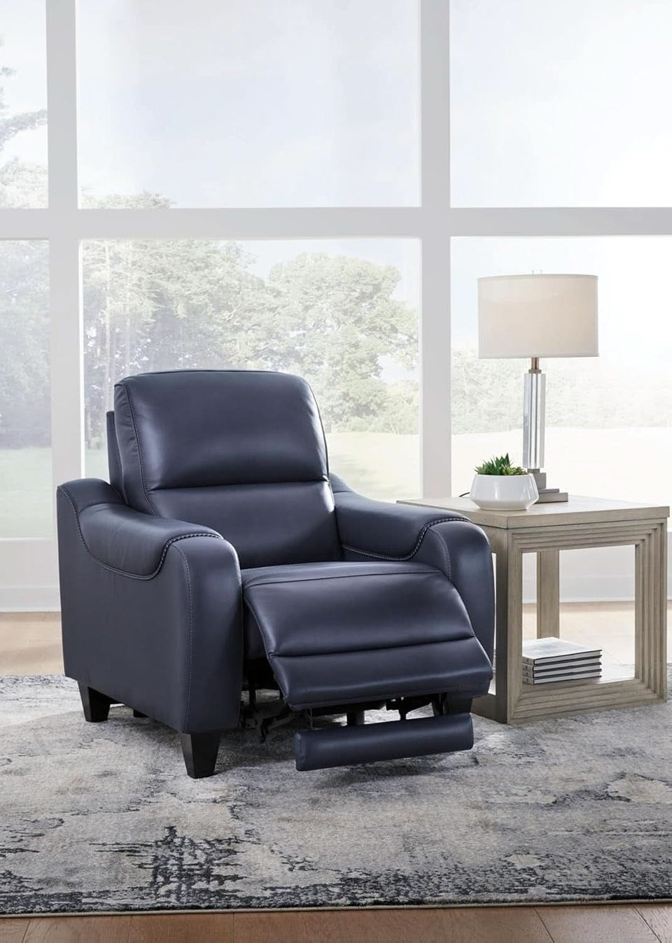 Blue Leather Wall Hugger Power Recliner With Usb Ports