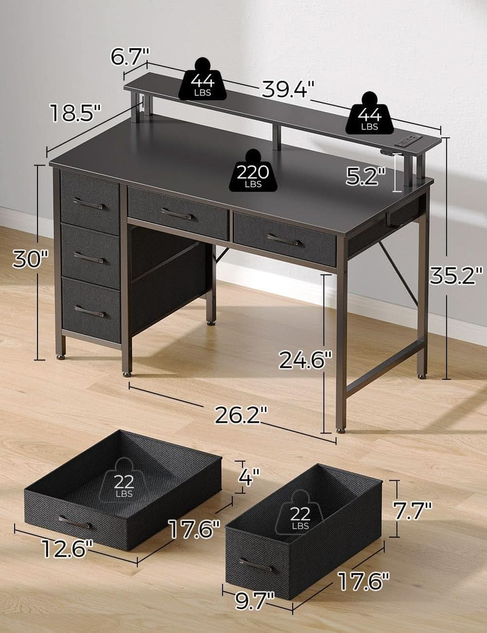 39 Inch Computer Desk With Power Outlets And LED Light