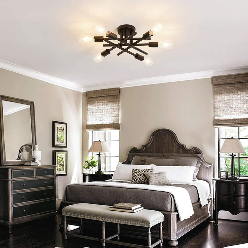 Six Light Black Matte Sputnik Chandelier Semi Flush Ceiling Light