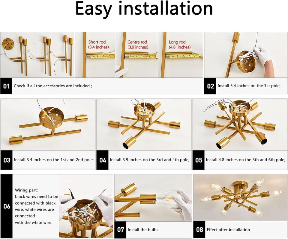 Gold Sputnik Chandelier Semi Flush Mount Ceiling Light