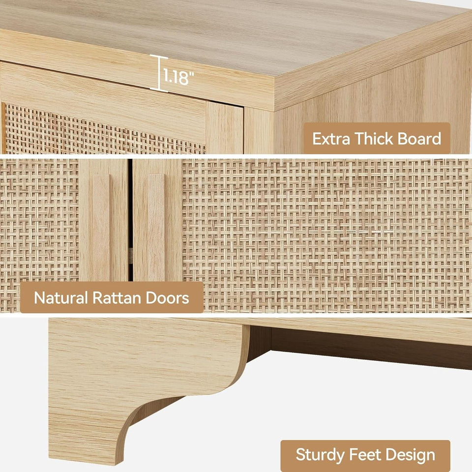 Natural Rattan Four Door Sideboard Cabinet Engineered Wood