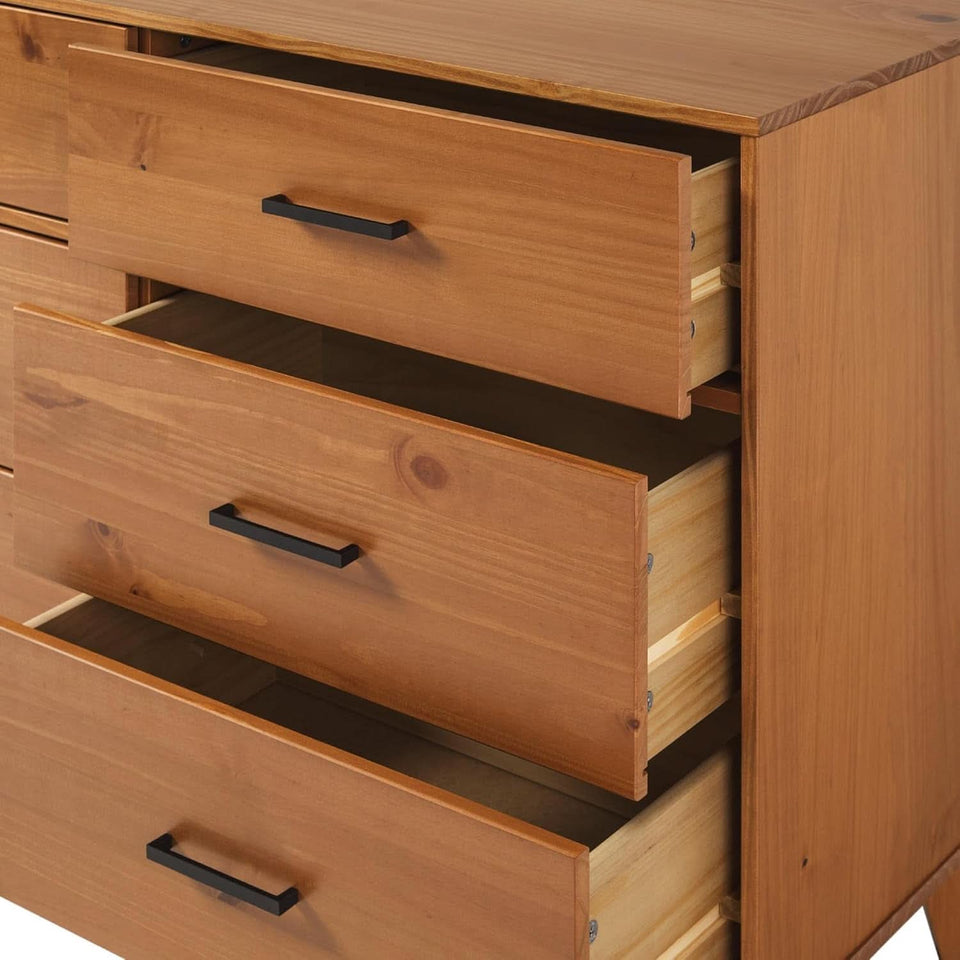 Walker Edision 6-Drawer Dresser In Solid Pine Wood With Metal Handles Caramel