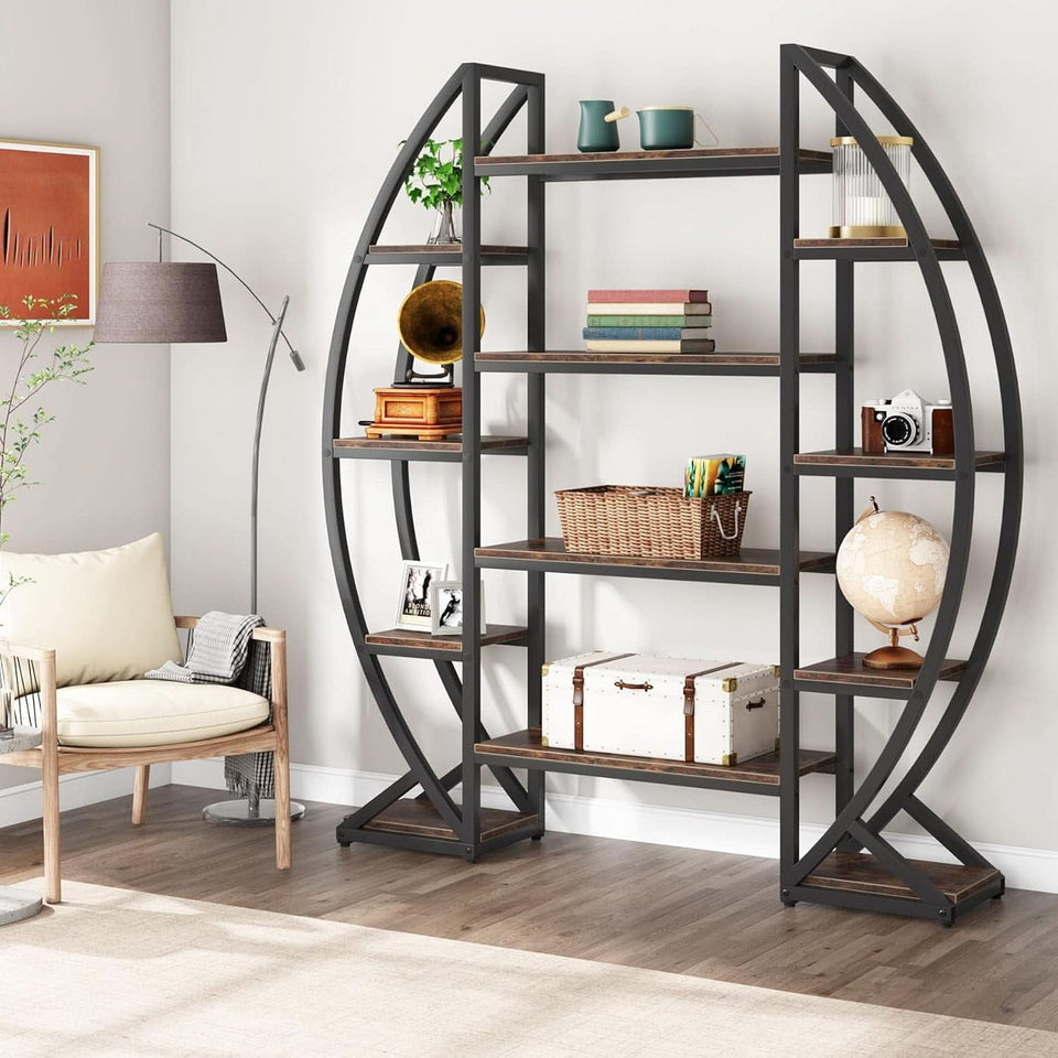 Oval 55 Inch Brown Industrial Display Etagere Bookcase