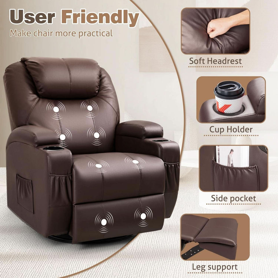 Dark Brown 360 Degree Swivel Recliner Chair With Massage
