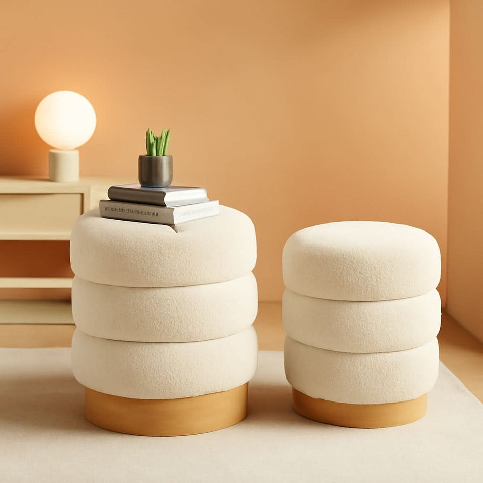 Cream Tufted Sherpa Ottoman Footstool Round Cushion