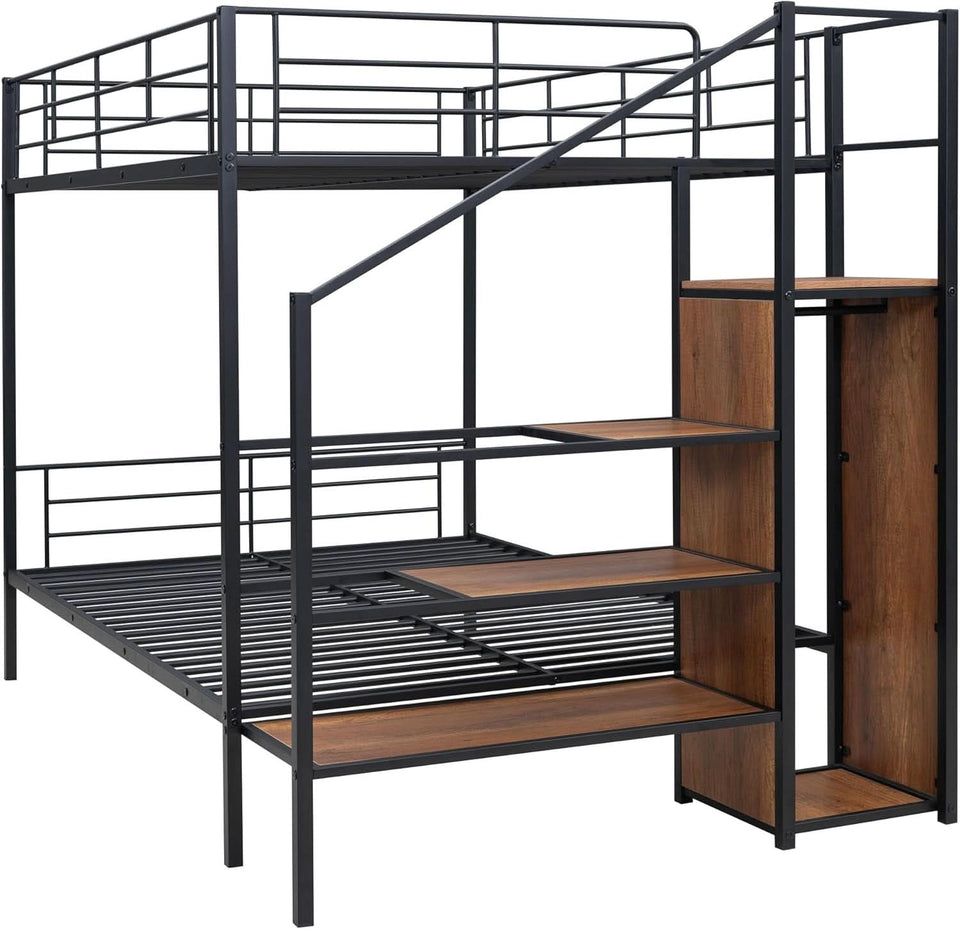 Full Over Full Metal Bunk Bed With Storage Stairs Black