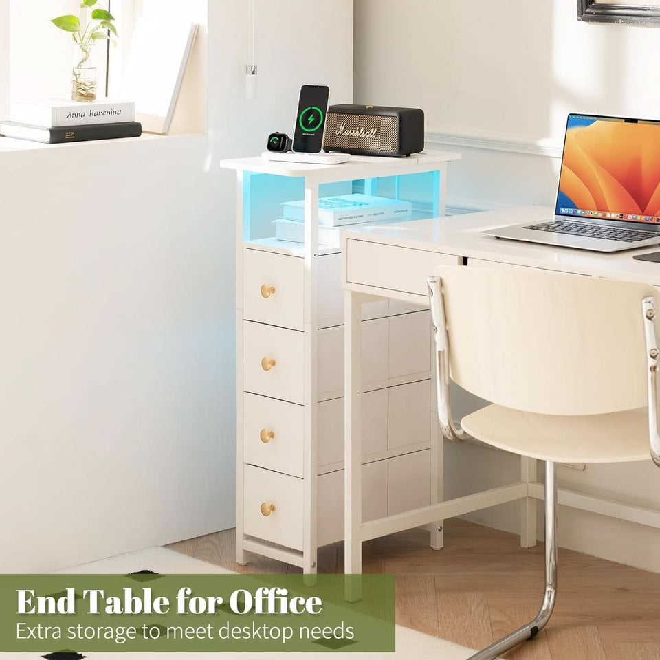 LED Narrow Nightstand With Wireless Charging White