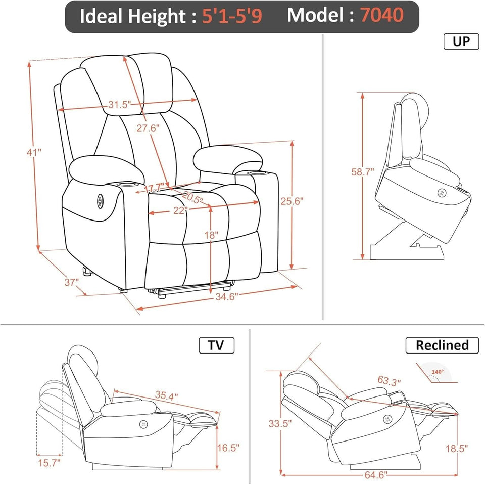 Electric Power Lift Recliner Chair With Massage And Heat Grey Medium