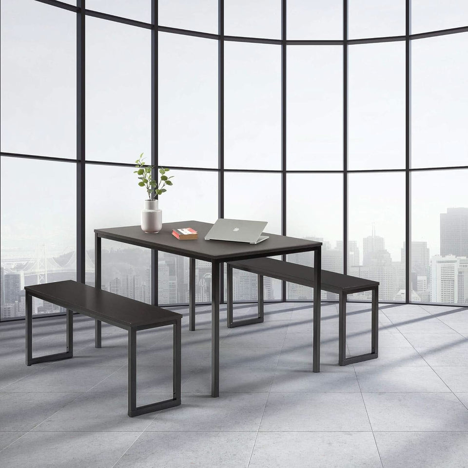 Espresso Textured Metal Frame Dining Table Benches