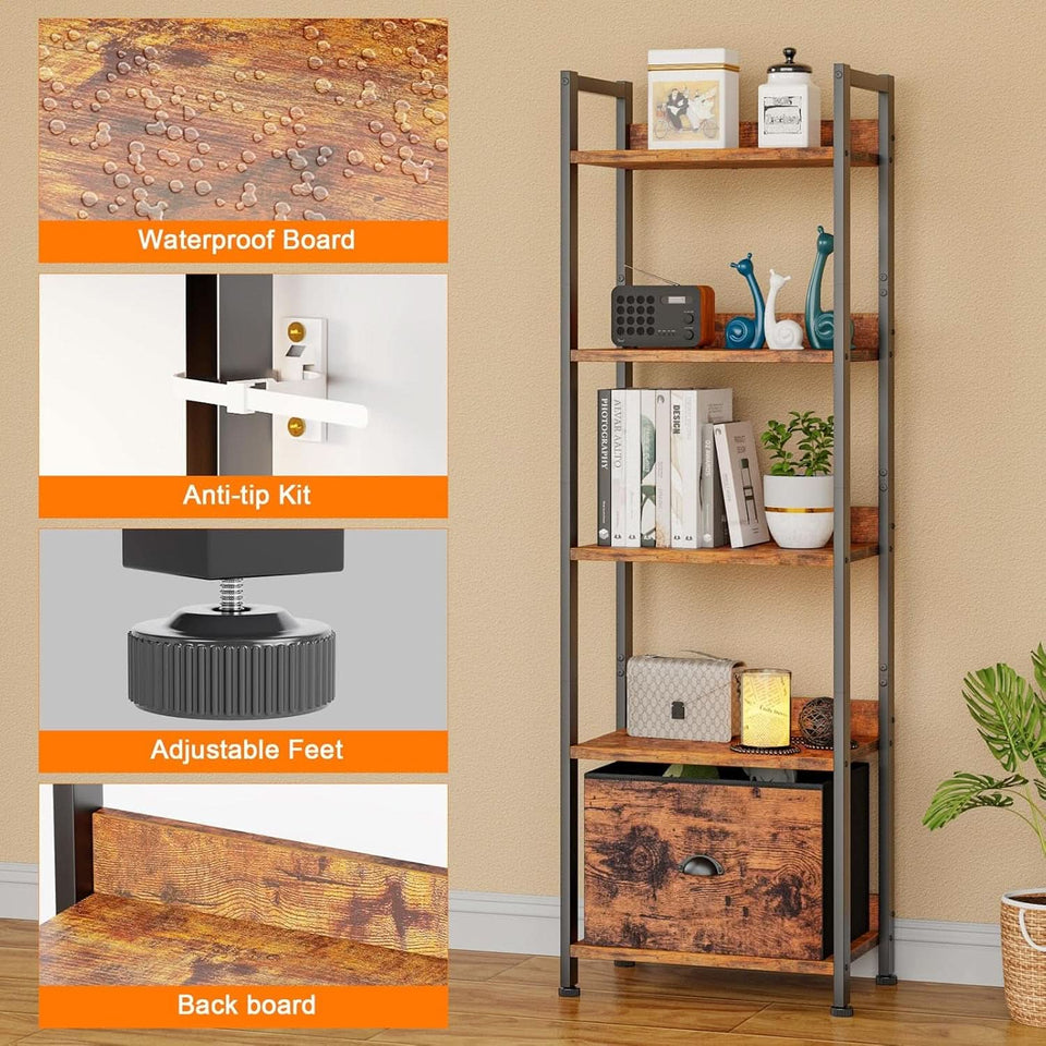 5 Tier Bookshelf With Drawer Tall Narrow Wood Bookcase