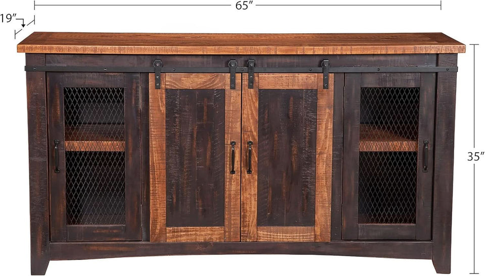 65 Inch Solid Wood TV Stand Antique Black Distressed Pine