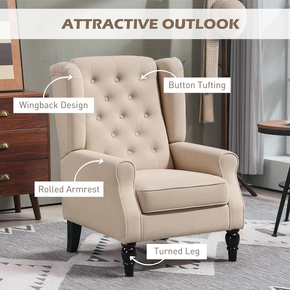 Beige Midcentury Button Tufted Wingback Upholstered Armchair
