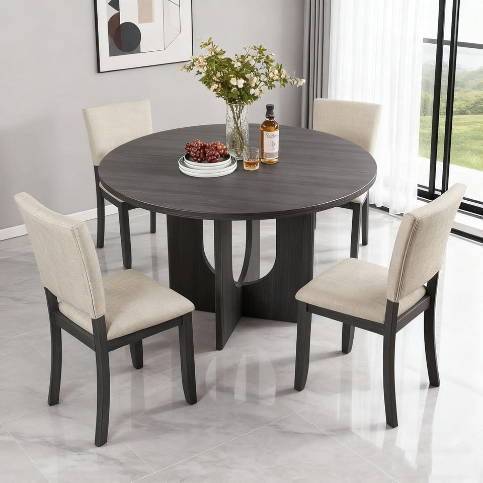 Round Dining Set With 47 Inch Table And Beige Upholstered Chairs
