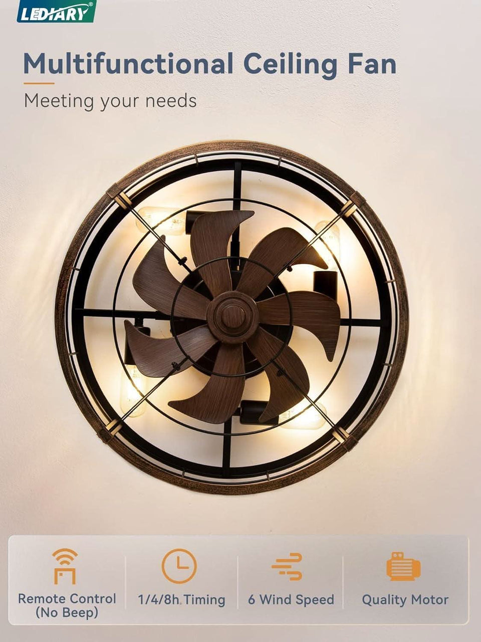20 Inch Farmhouse Enclosed Ceiling Fan With Integrated LED Remote For Bedroom Kitchen Patio