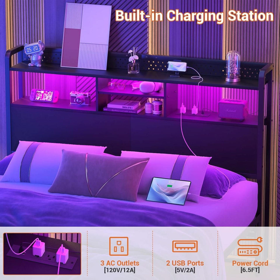 Queen Size Headboard with USB Ports and LED Light