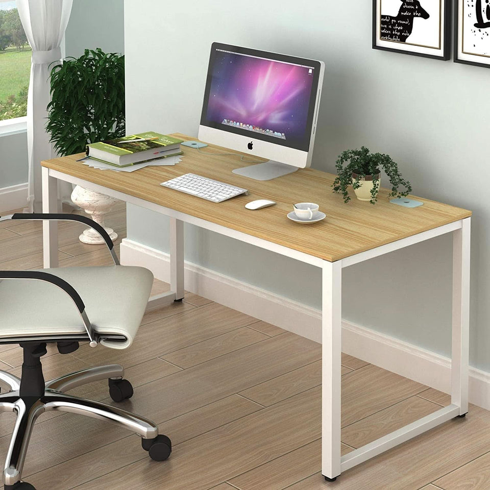 55 Inch Oak Top Desk With White Steel Frame For Home Office