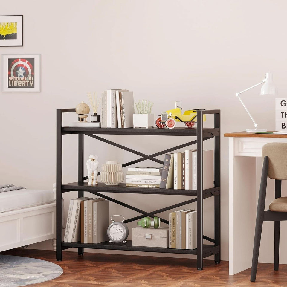3 Tier Bookshelf 31 Inch Width Wood And Metal Etagere Black