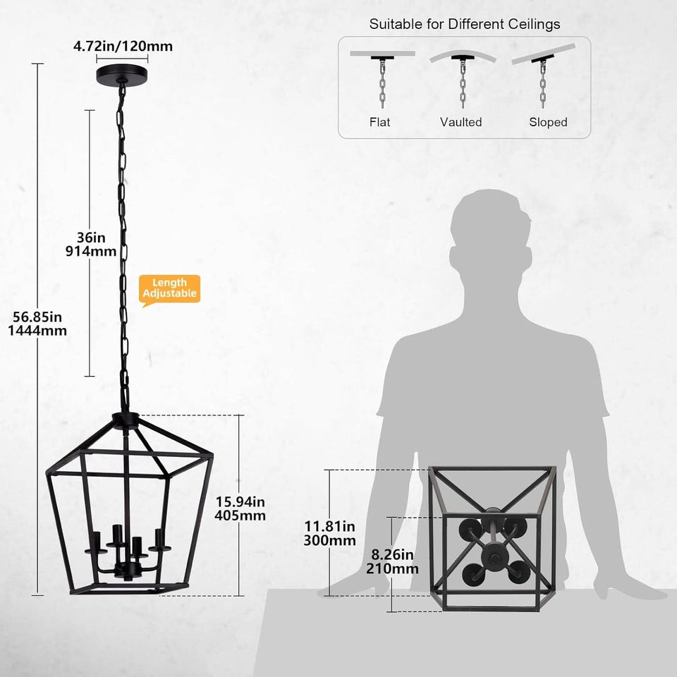 4 Light Black Lantern Chandelier With Adjustable Height