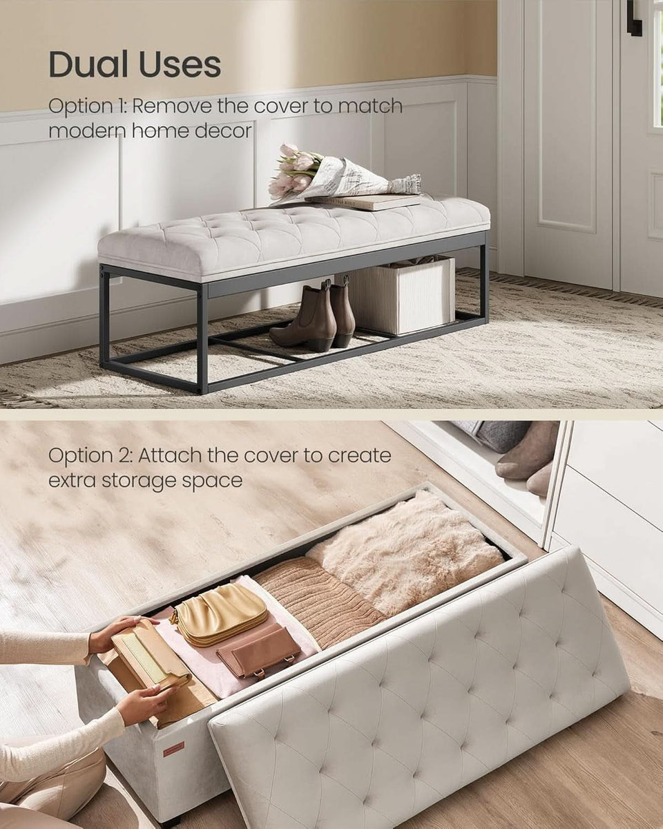 Cream Velvet Textured Storage Ottoman Bench 43Inch
