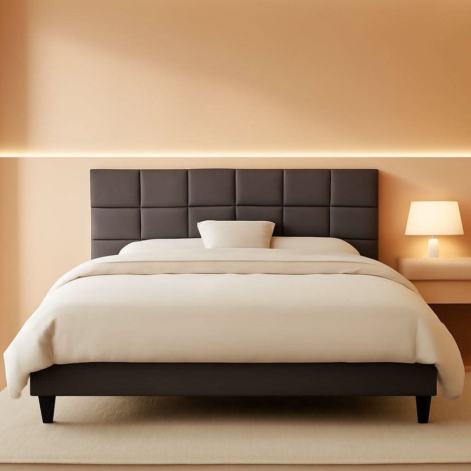 Queen Size Bed Frame With Grey Upholstered Headboard