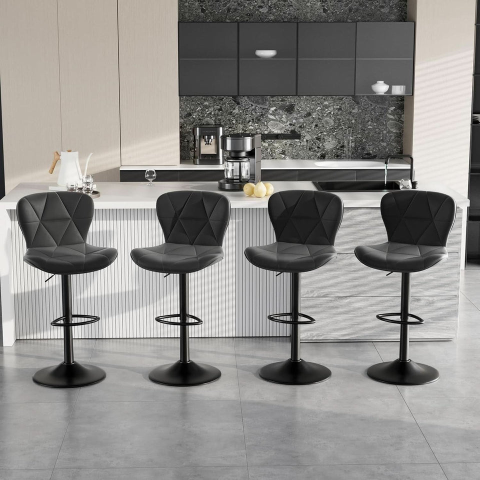 Bar Stools Set Of 2 Adjustable Swivel Faux Leather Black