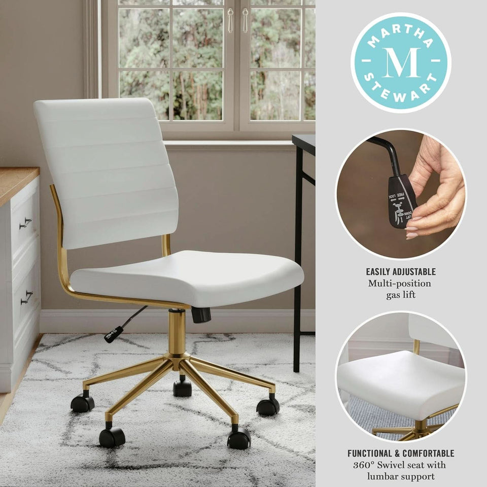 White Faux Leather Armless Swivel Chair Brass Frame