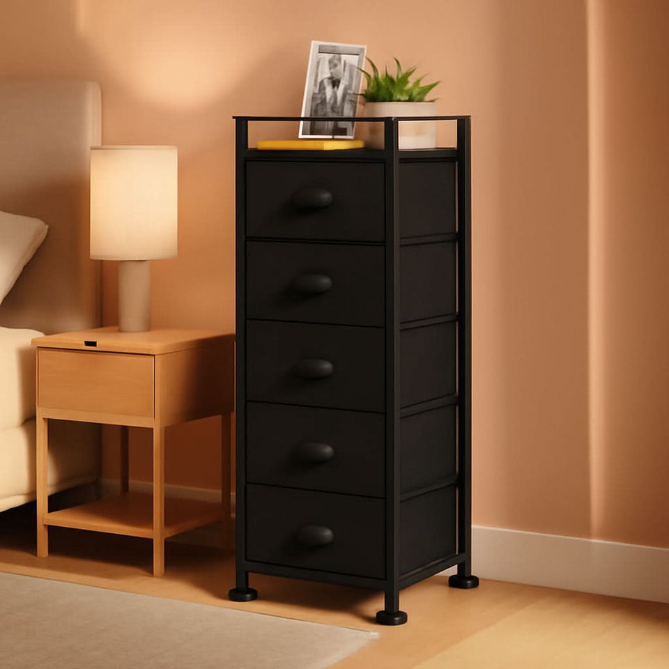 Black SlimStorage Narrow Five Drawer Dresser On Wheels