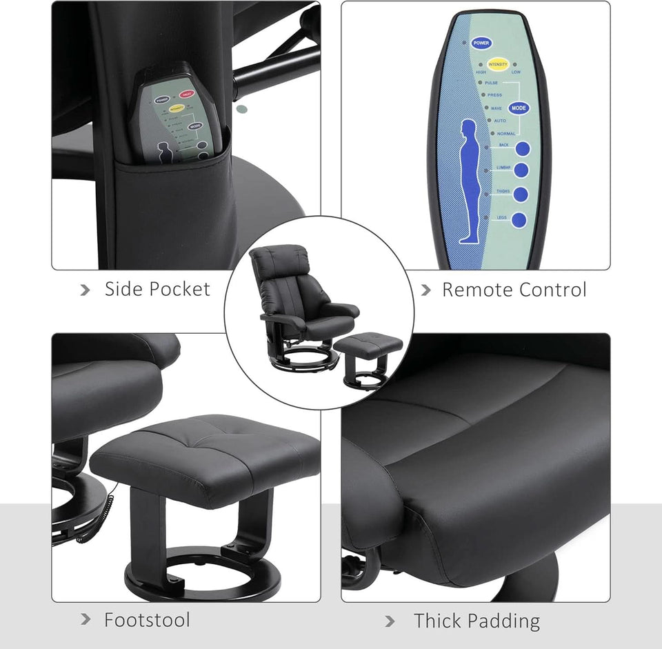 Massage Recliner Chair With Ottoman 360 Degree Swivel Black PU Leather