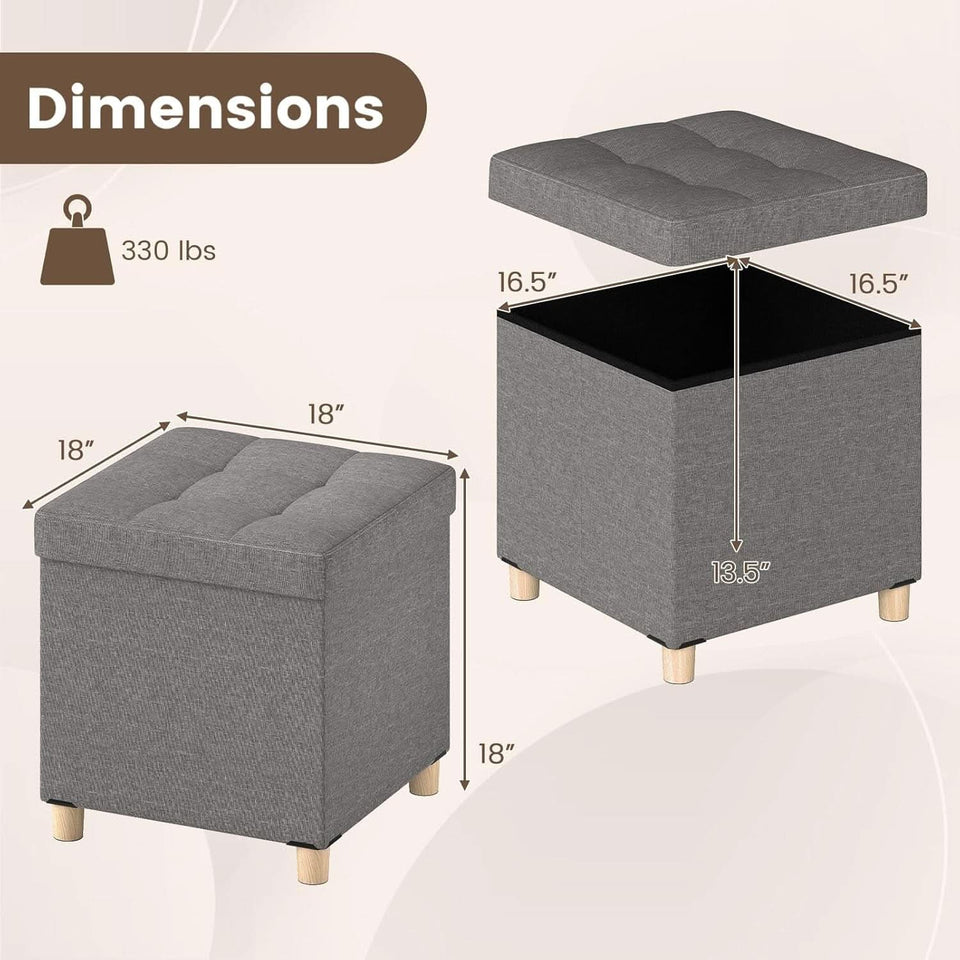 Linen Fabric Storage Ottoman Cube With Tray Lid Elevated Legs 18 Inch