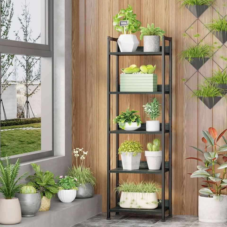 5 Tier Bookshelf With Drawer Black In Modern Rustic Style