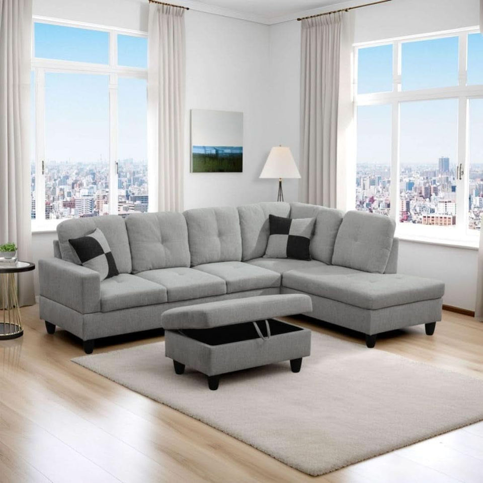 L Shaped 3 Piece Flannel Sofa With Storage Ottoman Grey