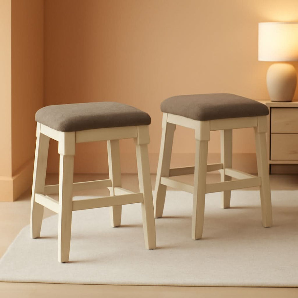 24 Inch Counter Height Upholstered Bar Stool Set Whitewash