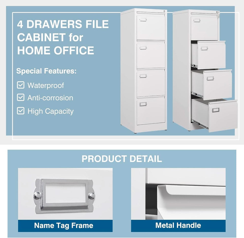 White 4 Drawer File Cabinet With Lock 16 Inch Deep