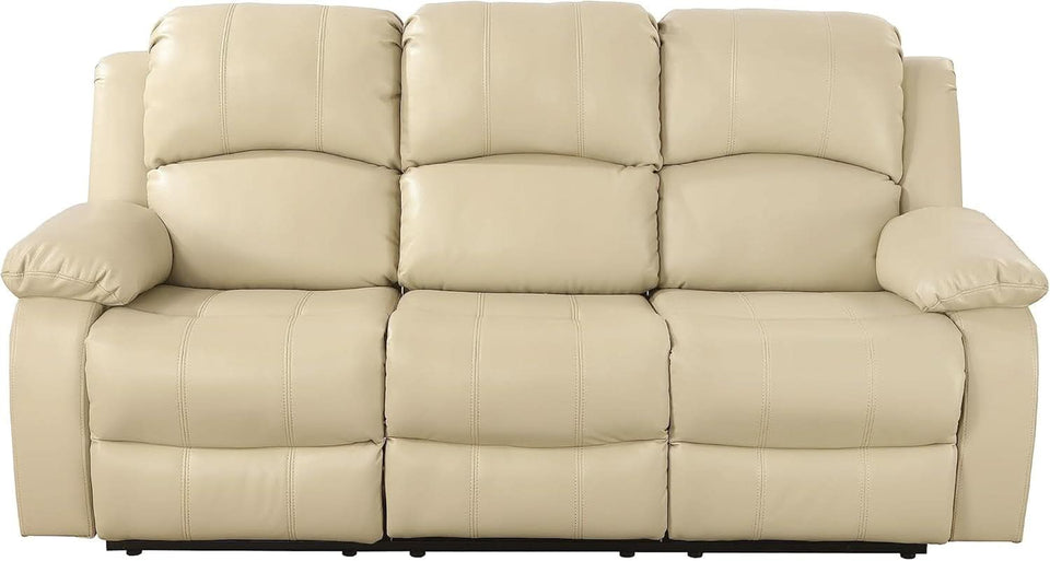 Beige 3 Seater Manual Reclining Sofa With Cup Holders