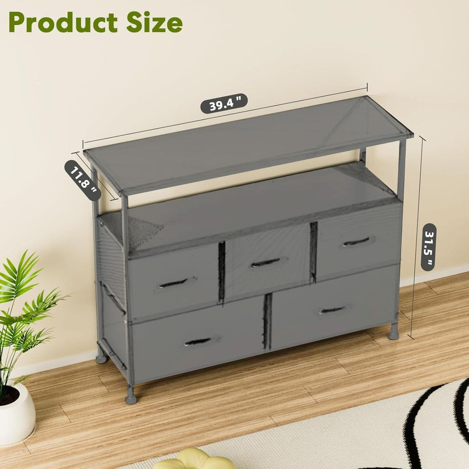 Gray TV Stand With Fabric Drawers And Wood Top 45 Inch
