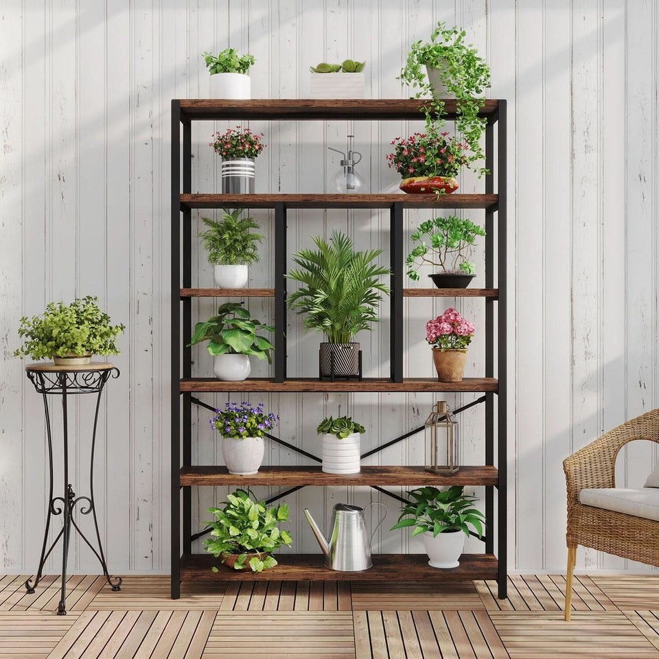 Rustic Industrial 6 Tier Bookcase Brown Wood Black Metal