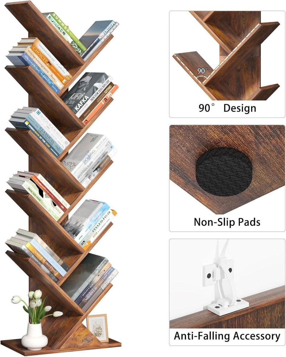 10 Tier Tree Bookshelf Brown Wood Floor Standing Bookcase For Living Room Decor Storage