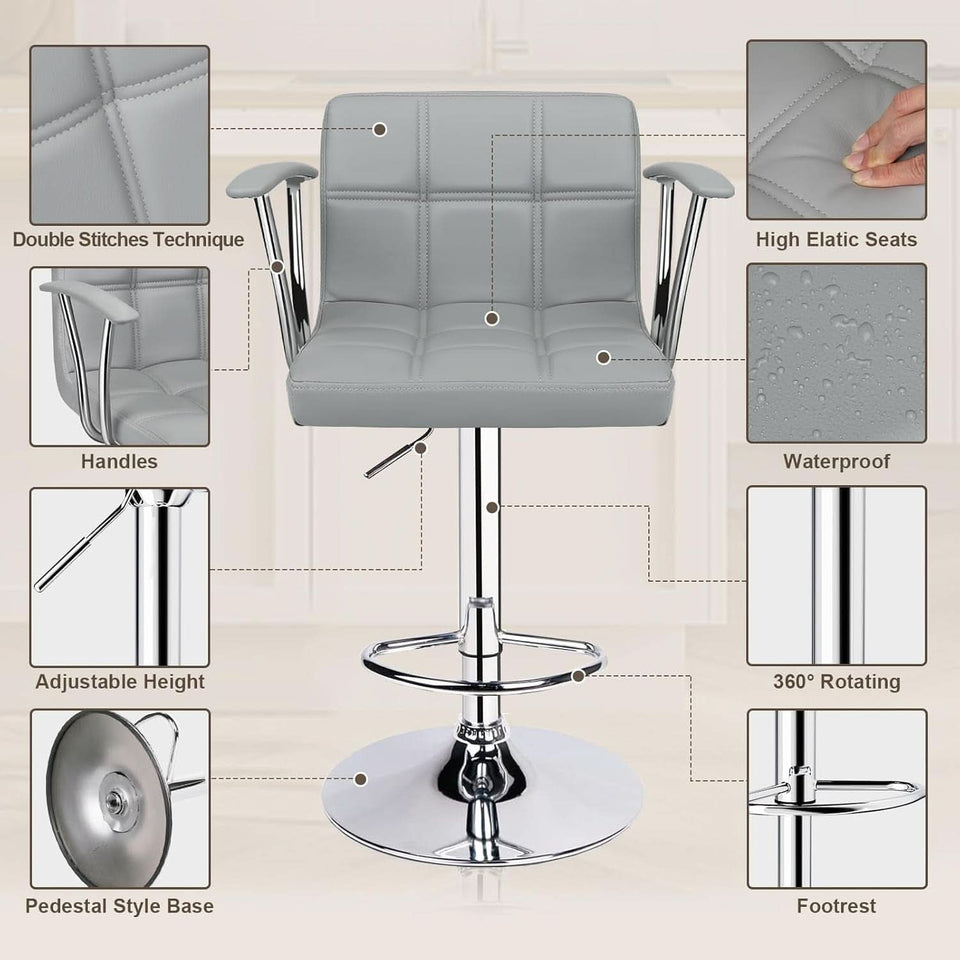 Counter Height Bar Stools Set 2 Armrest Swivel Leather Grey