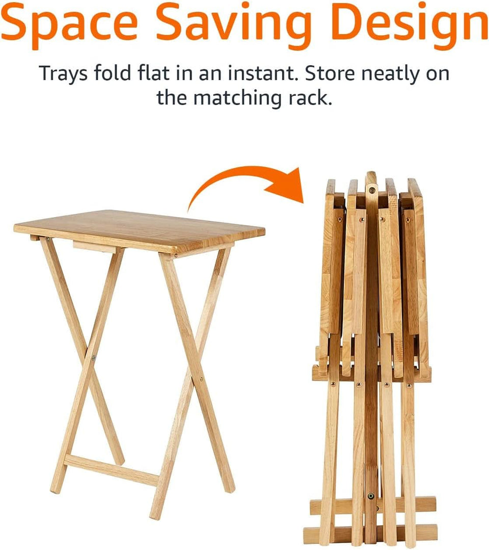 TV Dinner Tray Table Set of 4 With Storage Rack Natural